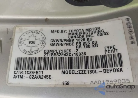 2003 Toyota Corolla Ce/Le/S from USA, damaged, VIN 2T1BR32E43C710036